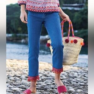 Boden Orange Pom Pom Tassel Cambridge Embroidered Ankle Skimmer Jeans Women’s 10